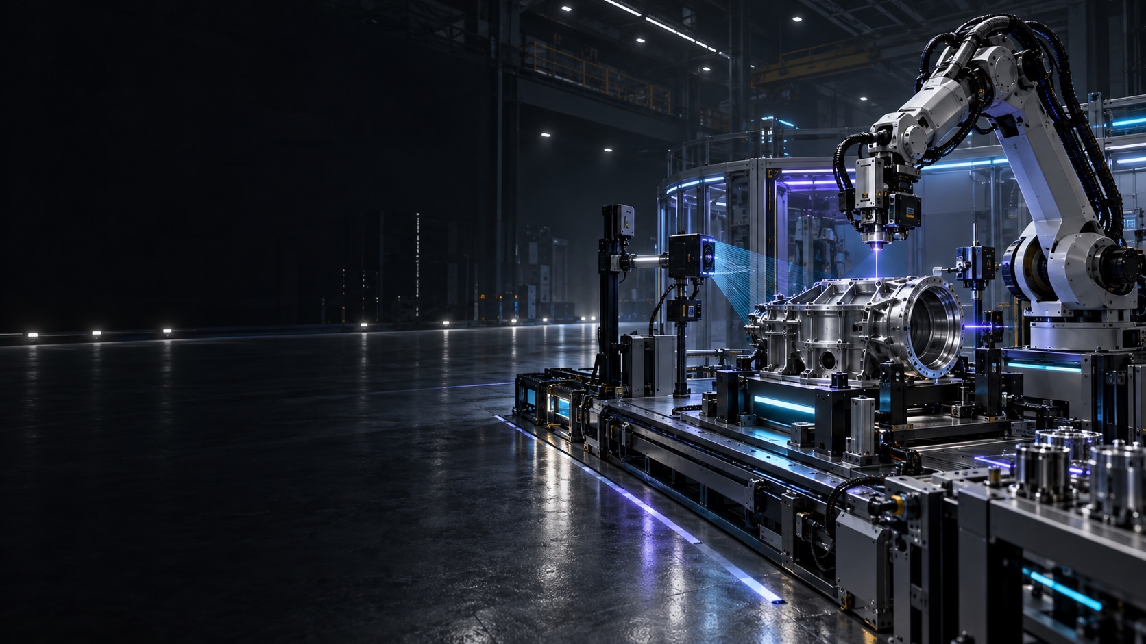 Concept illustration of a robotic industrial automation cell for precision fabrication and system integration